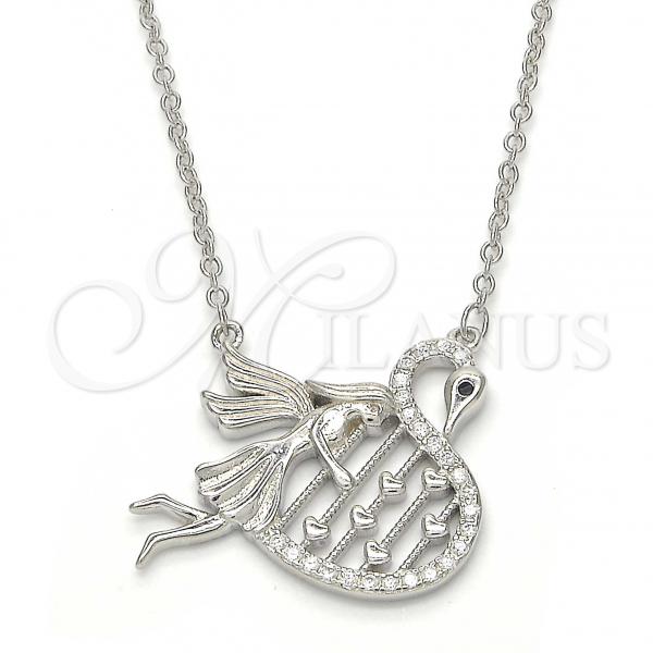 Sterling Silver Pendant Necklace, Swan Design, with Black and White Micro Pave, Polished, Rhodium Finish, 04.336.0038.16