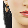 Oro Laminado Small Hoop, Gold Filled Style Guadalupe and Flower Design, Diamond Cutting Finish, Tricolor, 02.213.0828.25
