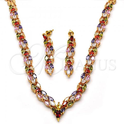 Oro Laminado Necklace and Earring, Gold Filled Style with Multicolor Cubic Zirconia, Polished, Golden Finish, 06.205.0009