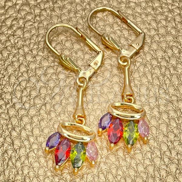 Oro Laminado Long Earring, Gold Filled Style with Multicolor Cubic Zirconia, Polished, Golden Finish, 02.387.0064