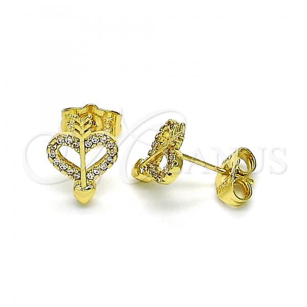 Oro Laminado Stud Earring, Gold Filled Style Heart Design, with White Micro Pave, Polished, Golden Finish, 02.156.0638