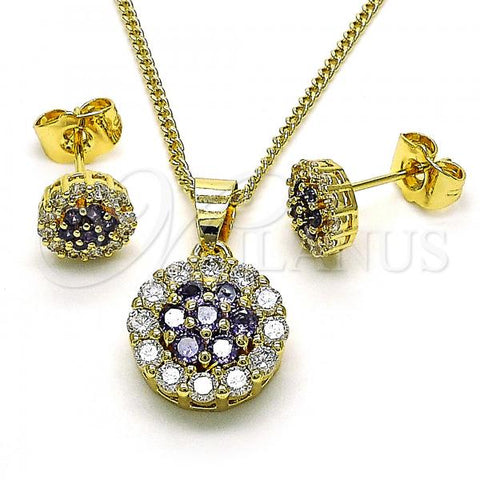 Oro Laminado Earring and Pendant Adult Set, Gold Filled Style with Amethyst and White Cubic Zirconia, Polished, Golden Finish, 10.344.0009.5