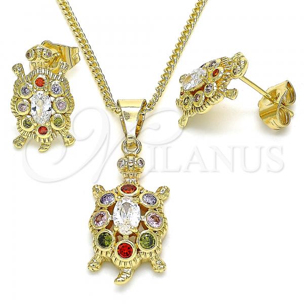 Oro Laminado Earring and Pendant Adult Set, Gold Filled Style Turtle Design, with Multicolor Cubic Zirconia, Polished, Golden Finish, 10.210.0154.1