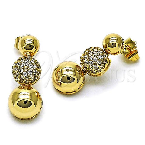 Oro Laminado Stud Earring, Gold Filled Style Ball Design, with White Micro Pave, Polished, Golden Finish, 02.283.0217