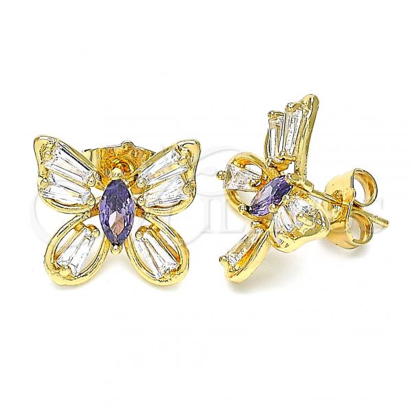 Oro Laminado Stud Earring, Gold Filled Style Butterfly Design, with Amethyst and White Cubic Zirconia, Polished, Golden Finish, 02.387.0036.2