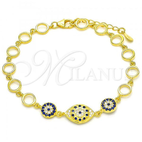 Sterling Silver Fancy Bracelet, Flower Design, with Sapphire Blue and White Cubic Zirconia, Polished, Golden Finish, 03.369.0004.2.07