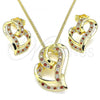 Oro Laminado Earring and Pendant Adult Set, Gold Filled Style Heart Design, with Garnet and White Micro Pave, Polished, Golden Finish, 10.195.0059.1