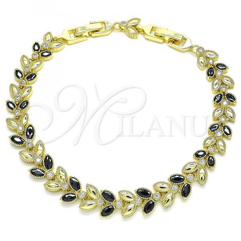 Oro Laminado Tennis Bracelet, Gold Filled Style Leaf Design, with Black and White Cubic Zirconia, Polished, Golden Finish, 03.283.0030.5.08