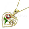 Oro Laminado Pendant Necklace, Gold Filled Style Heart and Flower Design, with White Crystal, Polished, Tricolor, 04.351.0018.2.20