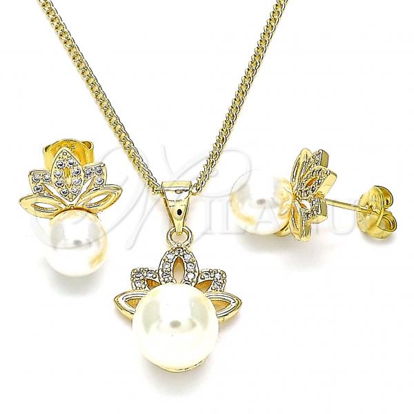 Oro Laminado Earring and Pendant Adult Set, Gold Filled Style Leaf Design, with White Micro Pave and Ivory Pearl, Polished, Golden Finish, 10.156.0422