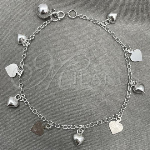 Sterling Silver Charm Bracelet, Heart Design, Polished, Silver Finish, 03.409.0013.07