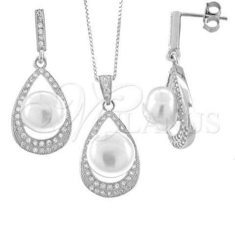 Sterling Silver Earring and Pendant Adult Set, Teardrop Design, with White Micro Pave and Ivory Pearl, Polished, Rhodium Finish, 10.173.0005
