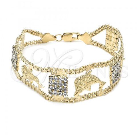 Oro Laminado Fancy Bracelet, Gold Filled Style Dolphin Design, with White Crystal, Polished, Golden Finish, 24.001