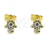 Oro Laminado Stud Earring, Gold Filled Style Hand of God Design, with Multicolor Micro Pave, Polished, Golden Finish, 02.156.0552.1