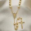Oro Laminado Medium Rosary, Gold Filled Style Guadalupe and Crucifix Design, with White Crystal, Polished, Golden Finish, 09.213.0039.26