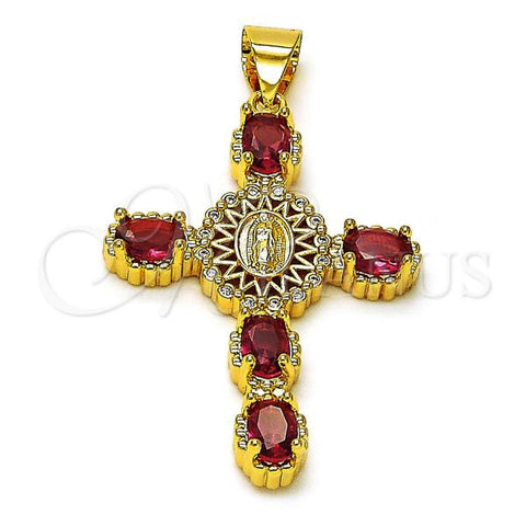 Oro Laminado Religious Pendant, Gold Filled Style Cross and Guadalupe Design, with Ruby and White Cubic Zirconia, Polished, Golden Finish, 05.342.0226.2