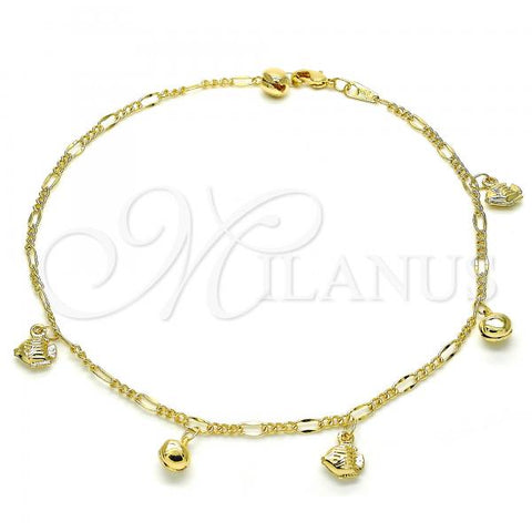 Oro Laminado Charm Anklet , Gold Filled Style Fish and Rattle Charm Design, Polished, Golden Finish, 03.318.0017.11
