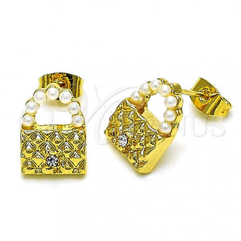 Oro Laminado Stud Earring, Gold Filled Style Purse Design, with Ivory Pearl and White Crystal, Polished, Golden Finish, 02.379.0036