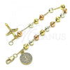 Oro Laminado Charm Bracelet, Gold Filled Style San Benito and Crucifix Design, with White Crystal, Diamond Cutting Finish, Tricolor, 03.380.0116.08