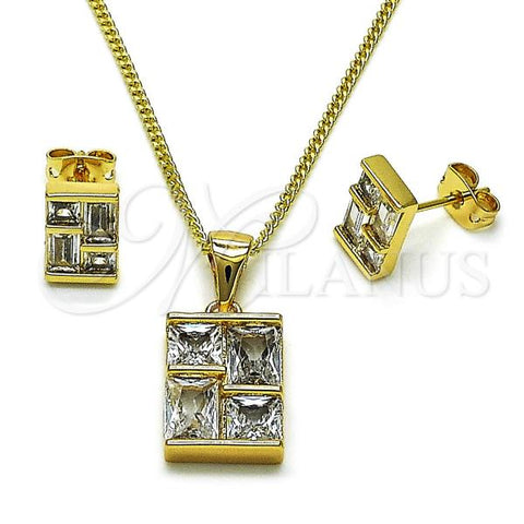 Oro Laminado Earring and Pendant Adult Set, Gold Filled Style Baguette Design, with White Cubic Zirconia, Polished, Golden Finish, 10.342.0218