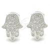 Sterling Silver Stud Earring, Hand of God Design, with White Cubic Zirconia, Polished, Rhodium Finish, 02.336.0134