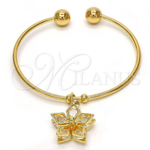 Oro Laminado Individual Bangle, Gold Filled Style Flower Design, with White Cubic Zirconia, Polished, Golden Finish, 07.63.0197 (02 MM Thickness, One size fits all)