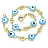 Oro Laminado Fancy Bracelet, Gold Filled Style Evil Eye and Heart Design, Turquoise Enamel Finish, Golden Finish, 03.213.0037.4.08