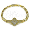 Oro Laminado Fancy Bracelet, Gold Filled Style Four-leaf Clover Design, with White Cubic Zirconia, Polished, Golden Finish, 03.283.0432.07