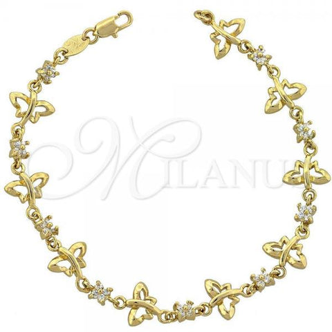 Oro Laminado Fancy Bracelet, Gold Filled Style Butterfly and Flower Design, with White Cubic Zirconia, Polished, Golden Finish, 5.030.005