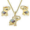 Oro Laminado Earring and Pendant Adult Set, Gold Filled Style Elephant Design, with Multicolor Micro Pave, Polished, Golden Finish, 10.26.0021.1