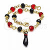 Oro Laminado Charm Bracelet, Gold Filled Style Hand Design, with Black Azavache and Ruby Crystal, Polished, Golden Finish, 03.32.0226.07
