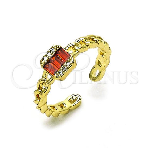 Oro Laminado Multi Stone Ring, Gold Filled Style Baguette and Curb Design, with Garnet Cubic Zirconia and White Micro Pave, Polished, Golden Finish, 01.196.0021.1