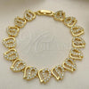 Oro Laminado Fancy Bracelet, Gold Filled Style Heart Design, with White Micro Pave, Polished, Golden Finish, 03.346.0017.07