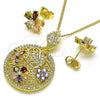 Oro Laminado Earring and Pendant Adult Set, Gold Filled Style Leaf and Flower Design, with Multicolor Cubic Zirconia and White Micro Pave, Polished, Golden Finish, 10.210.0172