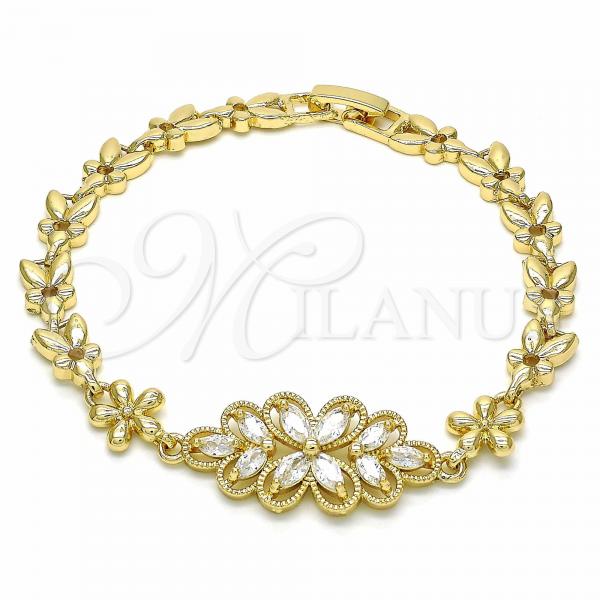 Oro Laminado Fancy Bracelet, Gold Filled Style Flower Design, with White Cubic Zirconia, Polished, Golden Finish, 03.357.0016.07