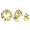 Oro Laminado Stud Earring, Gold Filled Style Heart Design, with Garnet and White Micro Pave, Polished, Golden Finish, 02.156.0527.1