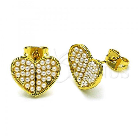 Oro Laminado Stud Earring, Gold Filled Style Heart Design, with Ivory Pearl, Polished, Golden Finish, 02.379.0029