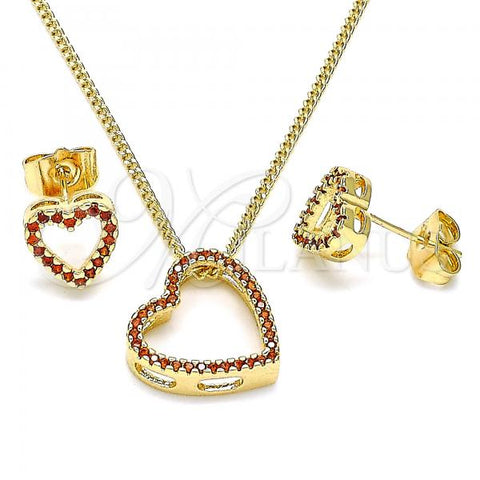 Oro Laminado Earring and Pendant Adult Set, Gold Filled Style Heart Design, with Garnet Micro Pave, Polished, Golden Finish, 10.156.0418.1