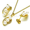 Oro Laminado Earring and Pendant Adult Set, Gold Filled Style Leaf Design, with Ivory Pearl, Polished, Golden Finish, 10.379.0071