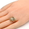 Oro Laminado Wedding Ring, Gold Filled Style Flower and Triple Design, with White Cubic Zirconia and White Micro Pave, Polished, Golden Finish, 01.99.0041.10 (Size 10)