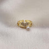 Oro Laminado Multi Stone Ring, Gold Filled Style Heart Design, with White Micro Pave and Ivory Pearl, Polished, Golden Finish, 01.341.0093