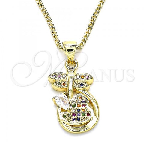 Oro Laminado Pendant Necklace, Gold Filled Style Dragon-Fly and Heart Design, with Multicolor Micro Pave, Polished, Golden Finish, 04.156.0330.3.20