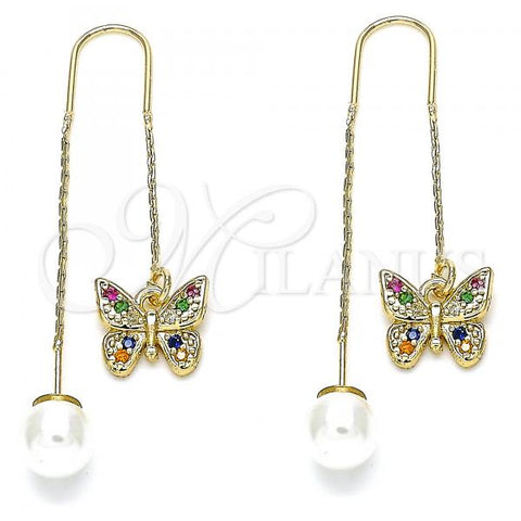 Oro Laminado Threader Earring, Gold Filled Style Butterfly Design, with Multicolor Micro Pave, Polished, Golden Finish, 02.210.0335.1