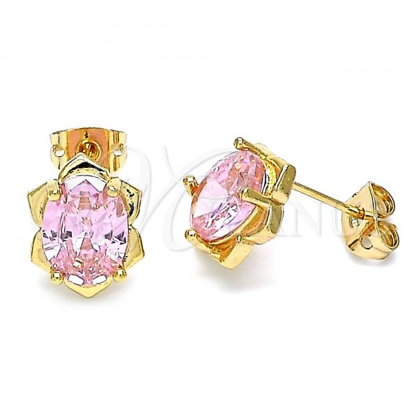 Oro Laminado Stud Earring, Gold Filled Style Flower Design, with Pink Cubic Zirconia, Polished, Golden Finish, 02.213.0230