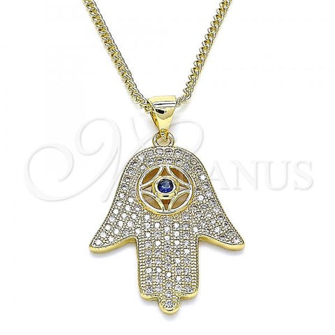 Oro Laminado Pendant Necklace, Gold Filled Style Hand of God Design, with Sapphire Blue Cubic Zirconia and White Crystal, Polished, Golden Finish, 04.156.0205.1.20
