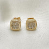 Oro Laminado Stud Earring, Gold Filled Style Greek Key Design, with White Cubic Zirconia, Polished, Golden Finish, 02.342.0043