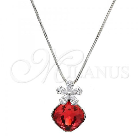 Rhodium Plated Pendant Necklace, Flower and Box Design, with Padparadscha Swarovski Crystals and White Cubic Zirconia, Polished, Rhodium Finish, 04.239.0020.16