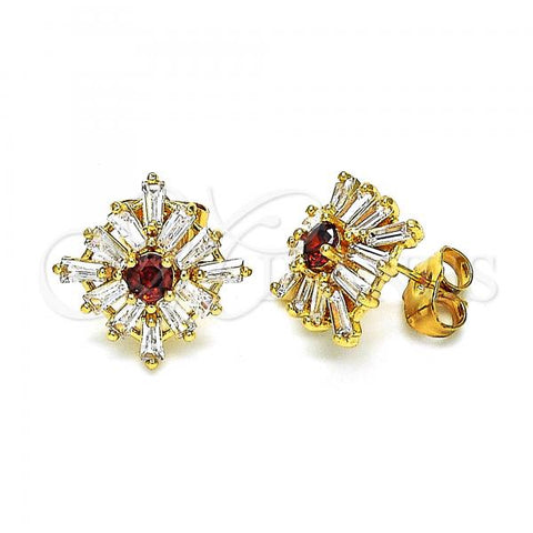 Oro Laminado Stud Earring, Gold Filled Style Flower Design, with Garnet and White Cubic Zirconia, Polished, Golden Finish, 02.387.0096.2