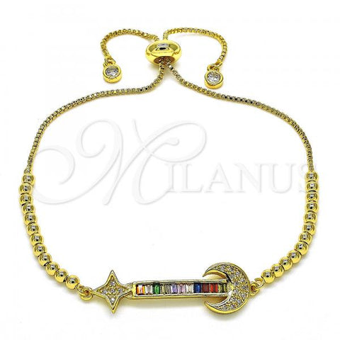 Oro Laminado Adjustable Bolo Bracelet, Gold Filled Style Moon Design, with Multicolor Cubic Zirconia, Polished, Golden Finish, 03.341.0006.11