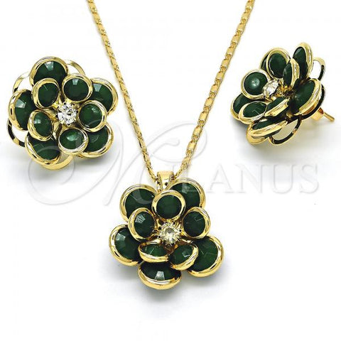 Oro Laminado Earring and Pendant Adult Set, Gold Filled Style Flower Design, with Green and White Crystal, Polished, Golden Finish, 10.64.0156.3